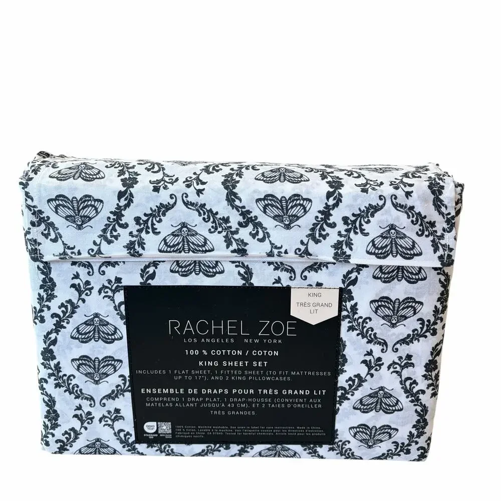 Rachel Zoe Moth Damask KING Sheet Set 4pc Black White 100% Cotton Halloween NEW